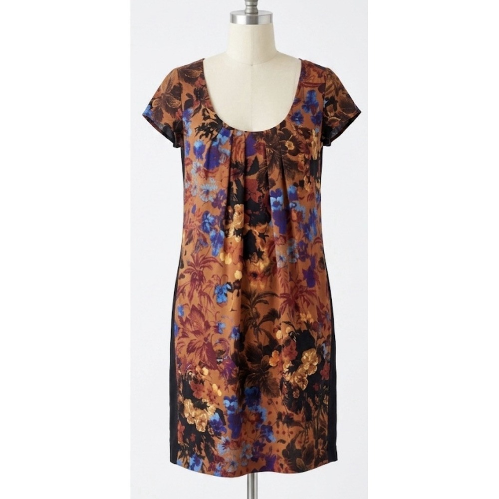 Maeve‎ Anthropologie Floral Shift Dress Orange Blue Black Petite XS Cap Sleeve